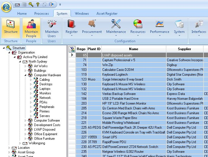 screenshot of Fixed Assets Register